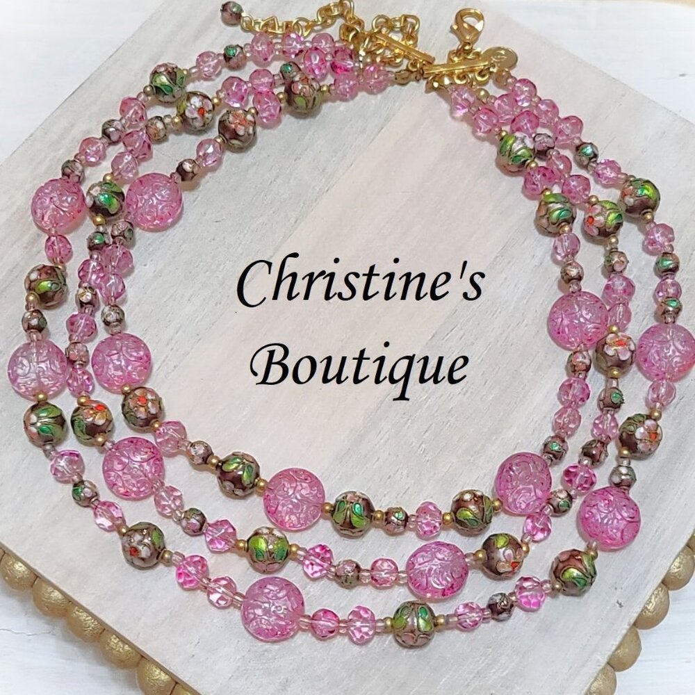 Etched pink glass and cloisonne 3 strand vintage necklace